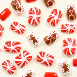 Christmas Short Almond Press on Nails Cartoon Gingerbread Man False Nails with Design Winter Xmas Candy Cane Chocolate House Acrylic Nails Full Cover Glitter Fake Nails Art Kit for Women DIY Nail Art