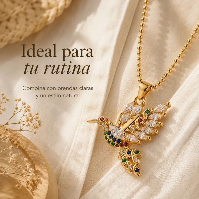 Collar Para Mujer Bano Oro 14k Dije Colibri Moissanita Multi