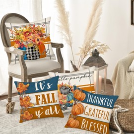 Smilyard Autumn Decorative Pillow Covers 24x24 Inch Set of 4 Hello Fall Y’All Blue Truck Buffalo Pumpkins Mason Jar Thankful Grateful Blessed Decor Maple Leaf Pillows Cushion Case for Home Sofa Couch