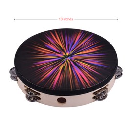 10 Inch Wooden Rdiant Tambourine Handbell Hand Drum with Double Row Jingles Reflective Drum Head Percussion Instrument Musical Toy