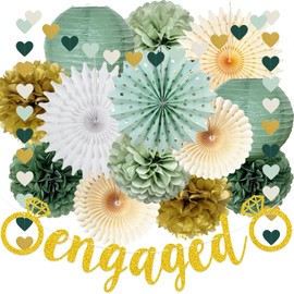 Engagement Wedding Decorations Gold Engaged Banner Olive Sage Green and Gold Paper Pom Poms Lanterns Hanging Paper Fans for Engagement Party Wedding Bridal Shower Just Engaged Decorations