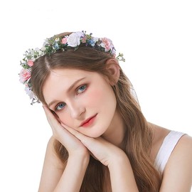 Love Sweety Greenery Flower Headband BOHO Leaf Hair Wreath Bridal Wedding Headpiece Maternity Floral Crown(White Pink Blue)