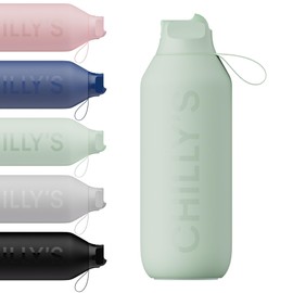 Chilly's Series 2 Flip Bottle with Sports Cap, Telescopic Straw and Nylon Carry Strap, Easy Flip Opening, Straw Cleaning Brush Included, 500 ml, Lichen Green