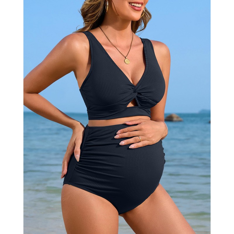 Charmo Women Maternity 2 Piece Bikini Set Ribbed Cutout Pregnancy