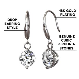 Cate & Chloe Veronica 18k White Gold Dangling Earrings with Crystals, Sparkling Round Cut Solitaire Silver Drop Earring Set Wedding Anniversary Jewelry - Hypoallergenic (White Gold)