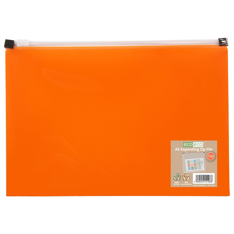 eco-eco A5 50% Recycled Orange Zip Expanding File Folder -