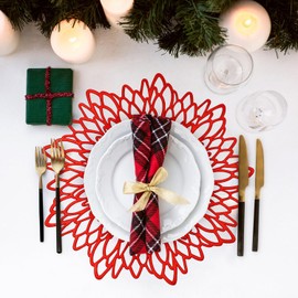 LUKDUNG Set of 6 Christmas Day Place Mats Round PVC Hollowed Place Mats Place Mats Christmas Round Washable Place Mat Decorative Place Mats for Christmas, Home, Party, Diameter 38 cm, Red