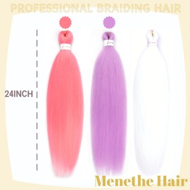 Menethe Hair Braiding Hair Pre Stretched 24 inch Colored Prestretched Braiding Hair Natural as Human Braiding Hair Extensions Crochet Hair Synthetic Crochet Braids(24Inch,Pink/White/Light Purple#).