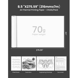 Vretti Thermal Printer Paper 8.5 x 11, Quick-Dry Thermal Paper US Letter Size 4 Rolls, 27 Sheets/Roll, Compatible with P83, PB821, Gloryang, Tattmuse, Phomemo, Polono Etc A4 Portable Printer