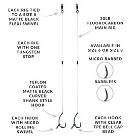 Carp On - 2 Pack of FLUOROCARBON Ready Rigs Wide Gape Teflon Coated - Grippen Style Hook Tied to 20lb Fluoro Lo Viz Tungston Stop/Rolling Swivel/PTE Bell Cap (Size 6 - Barbless) [37-3909-6]