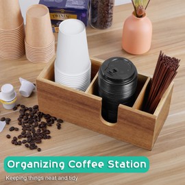 ALELION Acacia Wood Coffee Cup Holder for Countertop - Wood Coffee Bar Accessories and Organizer - Coffee Station Organizer for Cup Lid Stirrers Pod