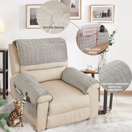 RAINPOP Sofa Armrest Cover with Side Pocket, Nonslip Armchair Cover for Arms Headrest, Sofa Slipcover Furniture Protector for Pets Leather Sofa Couch 1 Seat Recliner