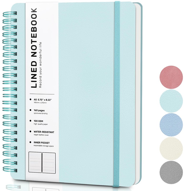 Light Green Lined Spiral Journal Notebook with 160 Pages, 8×5.7in,