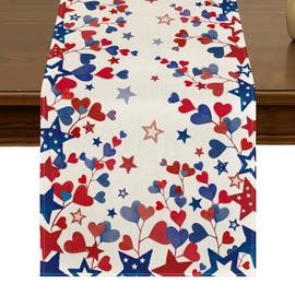 Patriotic Blue Red Stars 4th of July Table Runner 13x72 Inch Seasonal Kitchen Dining Table Decor for Indoor Outdoor Farmhouse Home Party Decoration ZQ119