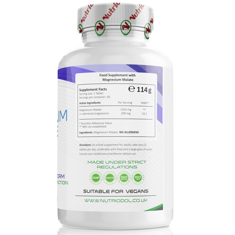 Nutriodol Magnesium Malate 100 mg – 120 Vegan Tablets | Highly