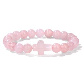 Christian Gifts for Women Men,Christmas Religious Cross Bracelet,8mm Religious Christian Bracelet Easter Baptism Religious Jewelry(Rose Quartz)