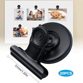 Pack of 20 Magnetic Clips, 31 mm Magnetic Clips, Metal Magnets with Clip, Black, Magnetic Metal Clip for Fridge Whiteboard