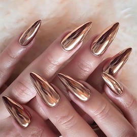 EternalClassic Bronze Chrome Press on Nails Medium Almond Mirror Metallic Press on Nails Chrome Fake Nails, Chrome Nails Press on 24Pcs Glue on Nails Glossy Stick on Nails for Women