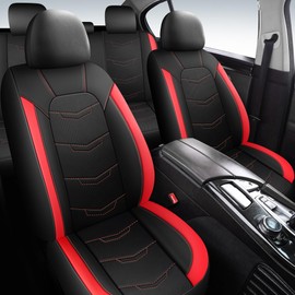 HChengkikz Car Seat Covers Full Set,Leather Seat Covers,Breathable and Sporty Car Seat Cover,Universal Fit Anti-Slip Seat Covers for SUV Cars Sedan and Truck(Full Seat,Black+Red,N2)
