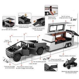1/32 Pickup Trailer RV Model Car, Alloy Pick-Up Truck Toy with Motorcycle, Truck Model Toy with Sound/Light/Pull Back, Birthday Gift for Kids Friends Collectors - Silver Pickup with RV Silver