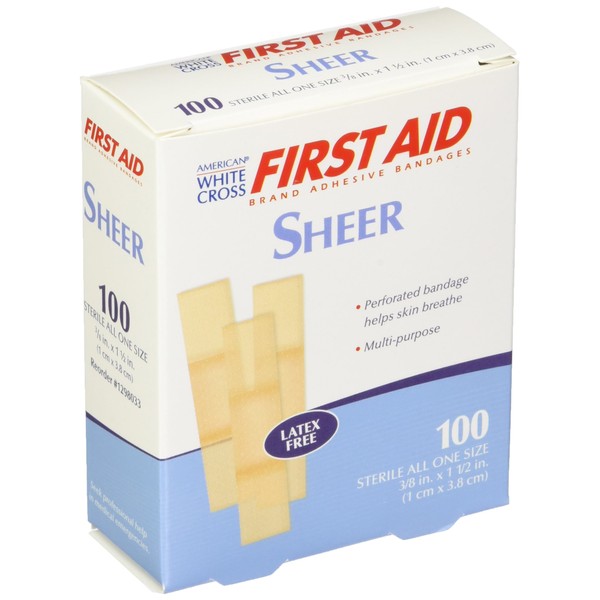 American White Cross Sheer Adhesive Strips, Sterile, 3/8" x 1-1/2" Junior, 100/Box, 24 Box/Case (Pack of 2400), 1298033