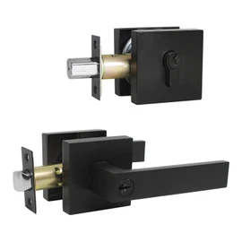 KNOBWELL 2 Pack Front Door Entry Lever Lockset and Single Keyed Square Deadbolt Combination Set, Heavy Duty, Matte Black (Keyed Alike)