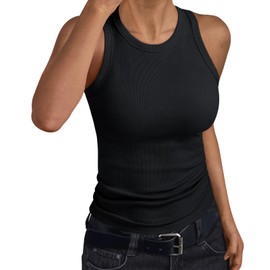 Trendy Queen Womens Tank Tops Summer Workout Racerback Ribbed Shirts Beach Vacation Outfits Spring Fashion Y2k Clothes Black M