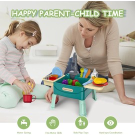 Play Sink with Running Water For Toddlers,Pretend Kitchen Toys for Kids with Tableware Accessories Vegetable Fruit,Pretend Role Play Dishwasher Toy with Tap,Gifts for Boys Girl,Green