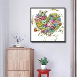 CaptainCrafts Cross Stitch Kits Counted Cross Stitch Unpreprinted Fabric DIY Art Embroidery Kits for Adults Beginners Home Decor (Unpreprinted 14CT, Butterflies Love Heart Shaped Flower)