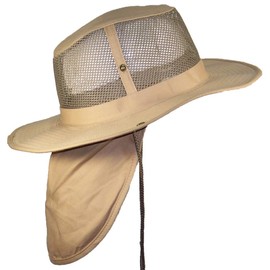 Tropic Hats Summer Wide Brim Mesh Safari/Outback W/Neck Flap & Snap Up Sides - Khaki L