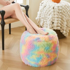 XeGe Fluffy Faux Fur Inflatable Pouf Ottoman, Soft Fuzzy Foot Stool, Plush Furry Foot Rest Floor Pouf Anti-Slip for Kids Girls Adult, Cute Foldable Ottoman Cushion Living Room Bedroom, Rainbow