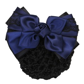 Bowknot Hair Bun Cover Hair Snood Net Mesh Bow Barrette Bowknot Decor Hair Clip for Stewardess Banks Women Blue