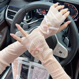 Elegant Driving Pearl Ribbon Lace Fashion UV Protection Cooling Arm Sleeves for Summer Free Size/Nude 10ea