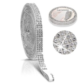 PARTSPOWER 3 Yards Adhesive Rhinestone Ribbon Strips Roll, Crystal Bling Rhinestone Diamond Stickers Tape, Decorative Rhinestone Stickers for Craft DIY Gift Decoration (Silver, 0.25 Inch x 3 Yards)