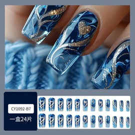 Square Press On Nails Medium Fake Nails Blue False Nails Artificial Nails with Designs Stick on Nails for Women 24pcs