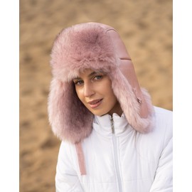 Futrzane Trapper hat made of leather, aviator hat, women's Russian hat, Ushanka, Pink - Pink Siberian