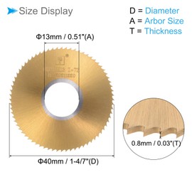 CoCud Circular Saw Blade 40mm Diameter 13mm Shank 0.8mm Thick 72T 6542 High Speed Steel (HSS) Gold - (Applications: Metal, Wood, Plastic, Aluminum)