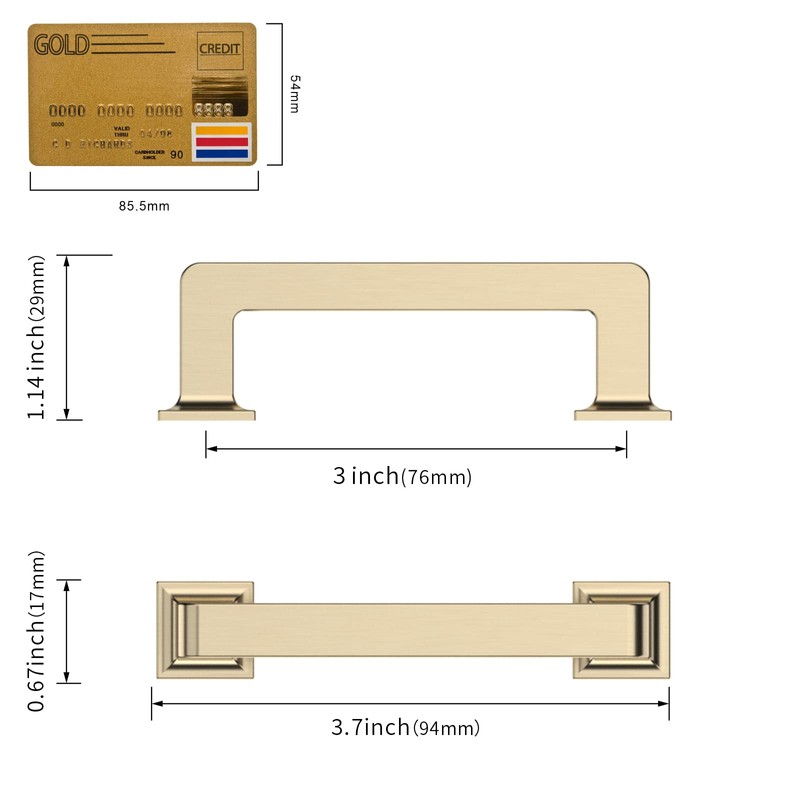 Amerdeco 10 Pack Brushed Brass Cabinet Pulls 3 Inch(76MM) Hole