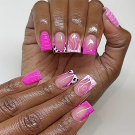 LBPEPAMZ French Tip Press on Nails Short Duck False Nails Pink Swirl Fake Nails Black Cow Print Glue on Nails Glossy Pink Full Cover Acrylic Nails for Women Manicure Nail Decor 24 Pcs