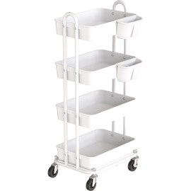 Simple Houseware 4-Tier Multifunctional Rolling Utility Cart with Hanging Buckets, White