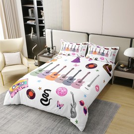 jejeloiu Girls Guitar Bedding Set for Women Singer Music Comforter Cover Full Size Aesthetics Modern Disco Snake Butterfly Duvet Cover 100% Cotton Bed Set 3Pcs Bedclothes