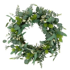 Puleo International 24" Artificial Eucalyptus Floral Spring Door Wreath, Green/White