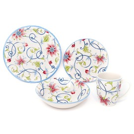 Tudor Royal Collection 16-Piece Round Dinnerware Set, Service for 4, Botanical Design, Plates Bowls Dishes, High-Gloss Premium Quality