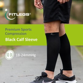 FitLegs - Sports Compression Calf Sleeve - 18-24mmHg for Muscle Fatigue, Soreness & Recovery - Black - Small
