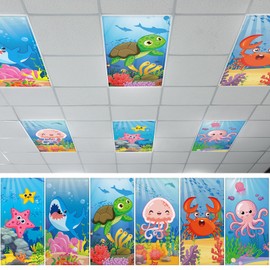 6 Pcs Fluorescent Light Covers with 60 Magnets Decorative for Classroom Ceiling Lights 4 x 2 Feet Magnetic Light Cover Filter Easy Install for Office Hospital Home Ceiling Supplies (Ocean Animal)
