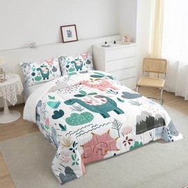 Feelyou Pink Green Dinos Comforter Set Twin Size, Dinosaur Bedding Set for Kids Lovely Cute Animals Comforter Kawaii Cartoon Jungle Animals Duvet Set Quilt Set 2Pcs Twin Size