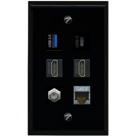 RiteAV USB 3 USB C 2 HDMI Coax Cat7 Wall Plate - Flat [Black/Black]