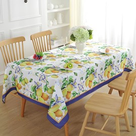 Honellaty Summer Outdoor Rectangle Tablecloth, Mediterranean Blue Lemon Print Table Cloth, Spill-Proof Wrinkle Free Polyester Table Cover for Dining, Party, Patio 60 * 120 Yellow Lemon