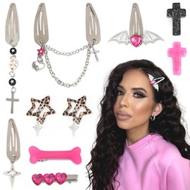 YAEISM 10PCS Y2K Hair Clips Hot Pink Cute Hair Snap Clips Punk Cross Alligator Clip Kawaii Leopard Star Accessories for Women Girls