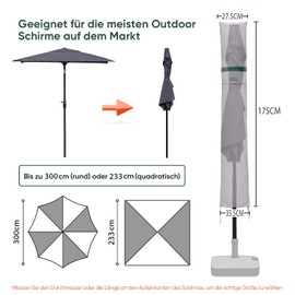 Sekey Parasol Protective Cover with Pole, Cover for Diameter 300 cm, Garden Umbrella with Ventilation Holes, Cover for Market Umbrella/Balcony Umbrella, 100% Polyester, Waterproof, Light Grey